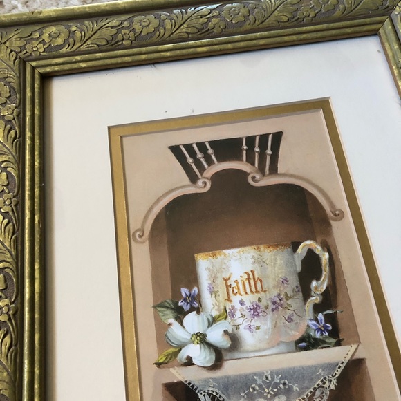 Sandy Clough Framed and Matted Signed Art Print Tea Cups Lace Custom Framed Gold - Picture 7 of 10
